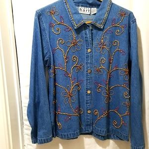 VINTAGE KEREN HART COTTON DENIM BEADED EMBELLISHED JACKET BLAZER